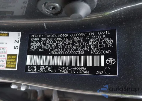 2016 Toyota Prius from USA, damaged, VIN JTDKARFU0G3007348